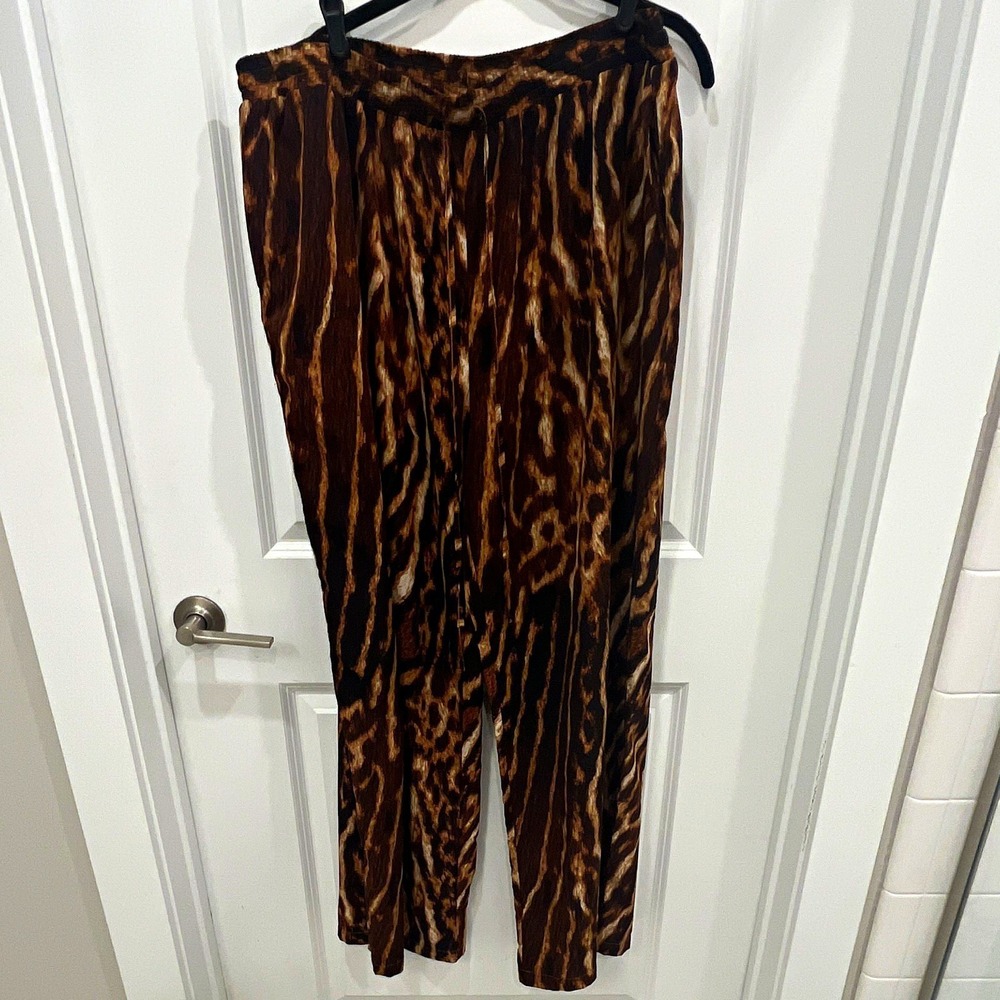 Rebdolls Womens Plus 1X Animal Print Pants Brown Black Elastic Waist Wide Leg